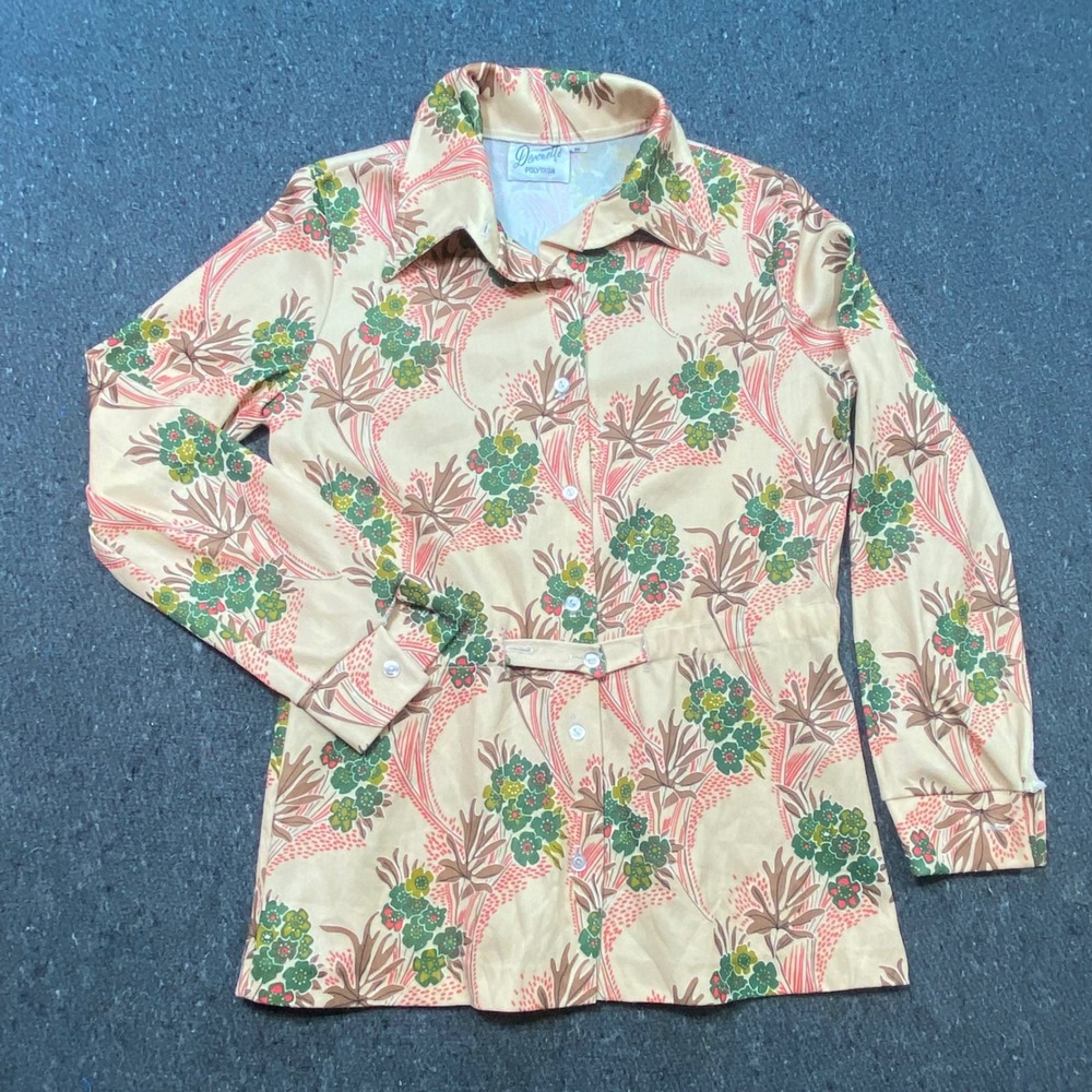 Devonette Floral Blouse Sz M Womens Tan Retro 70s Dagger Collar Belted Button Up